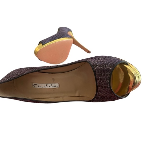 Oscar De La Renta Purple Tweed Sparkle Peep Toe Stiletto Heels - Picture 4 of 8